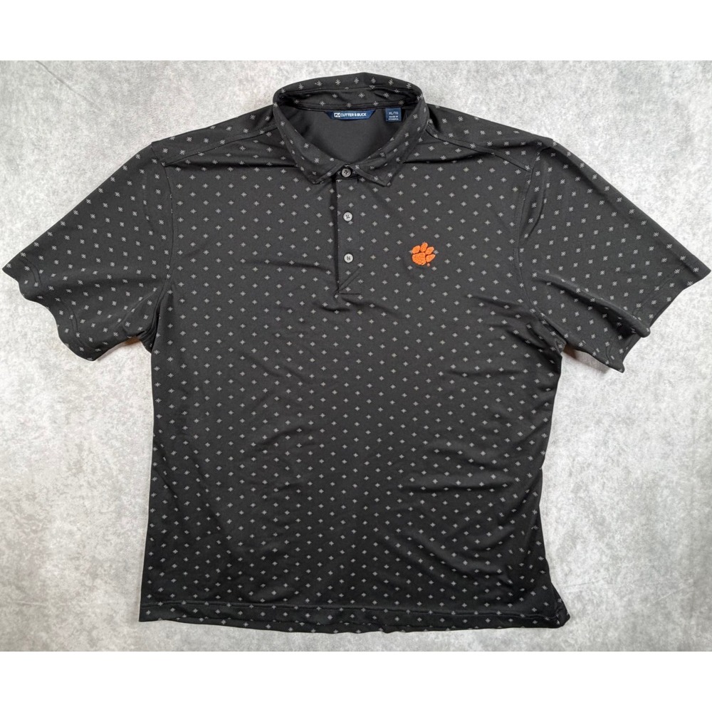 Cutter Buck Mens XL Clemson Tigers Golf Polo Black Virtue Eco Pique Tile Print